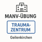 Infografik zur erfolgreichen MANV-Übung im Krankenhaus Geilenkirchen, zeigt ein Krankenhaus-Icon mit dem Text 'MANV-ÜBUNG' und ein Schild-Icon mit 'TRAUMAZENTRUM'.