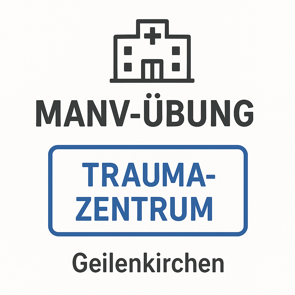 Infografik zur erfolgreichen MANV-Übung im Krankenhaus Geilenkirchen, zeigt ein Krankenhaus-Icon mit dem Text 'MANV-ÜBUNG' und ein Schild-Icon mit 'TRAUMAZENTRUM'.