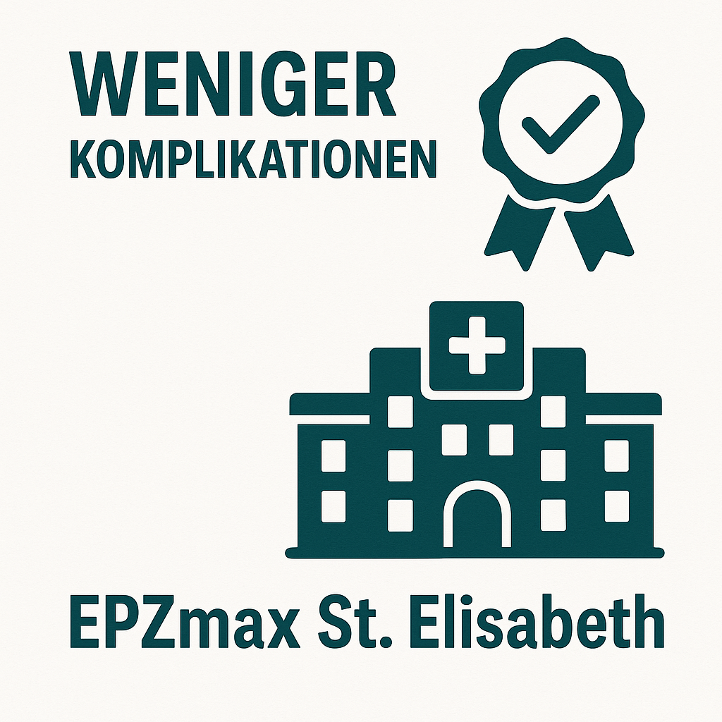 Infografik zeigt die Vorteile der EndoCert-Zertifizierung mit weniger Komplikationen bei Hüftoperationen und hebt das EPZmax St. Elisabeth hervor.